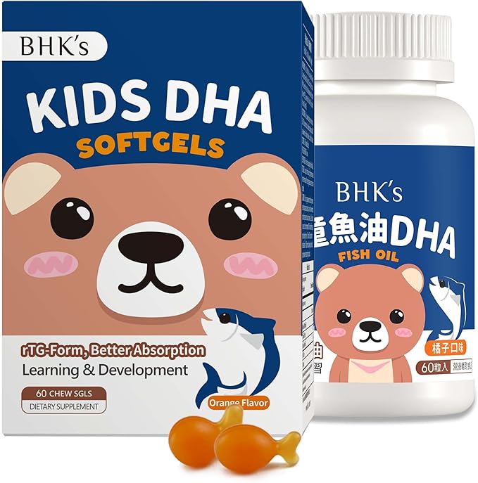 BHK's Children’s DHA Fish Oil: Chewable Omega-3 for Brain Eye &amp Immune Support - Delicious Orange Flavor Non-GMO &amp Heavy Metal Tested - 60 Softgels