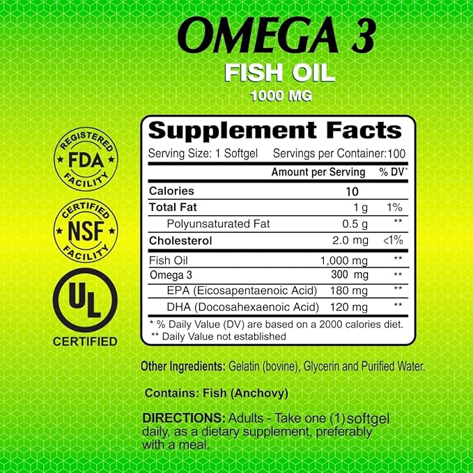 ALFA VITAMINS Omega 3 Fish Oil 1000mg Supplement Supports Heart Health Brain Function Joint Mobility &amp Skin Hydration 300mg Omega-3 180mg EPA 120mg DHA 100 Softgels per Bottle 4 Pack