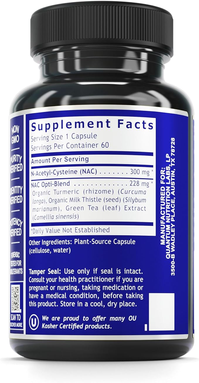Quantum Nutrition Labs NAC - N-Acetyl-L-Cysteine Liver &amp Immune Support NAC Supplement N-Acetyl Cysteine 300mg NAC Per Capsule - 60 Vegetarian Capsules