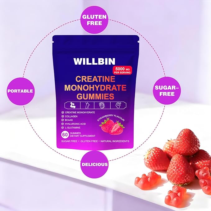 Creatine Gummies - Strawberry Flavor | 5000mg Creatine Monohydrate per Serving | Vegan-Friendly Pre-Workout Energy Support for Muscle Growth &amp Strength (150)