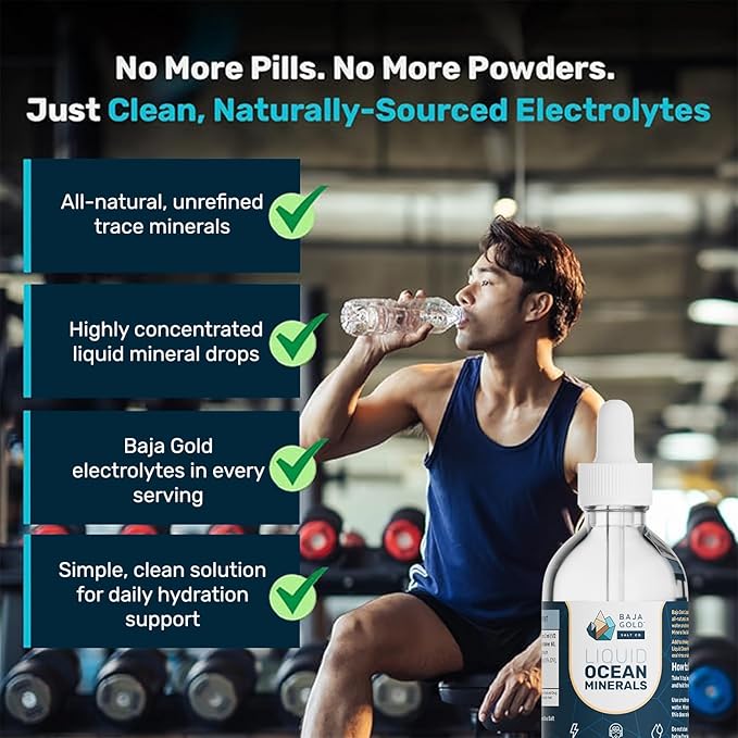 Baja Gold Liquid Ocean Trace Mineral Drops - Ionic Electrolyte Drops for Drinking Water &amp Food Flavor Enhancement - Mineral-Rich Saline Solution &amp Oral Cleanse - 4 fl oz 30-Day Supply