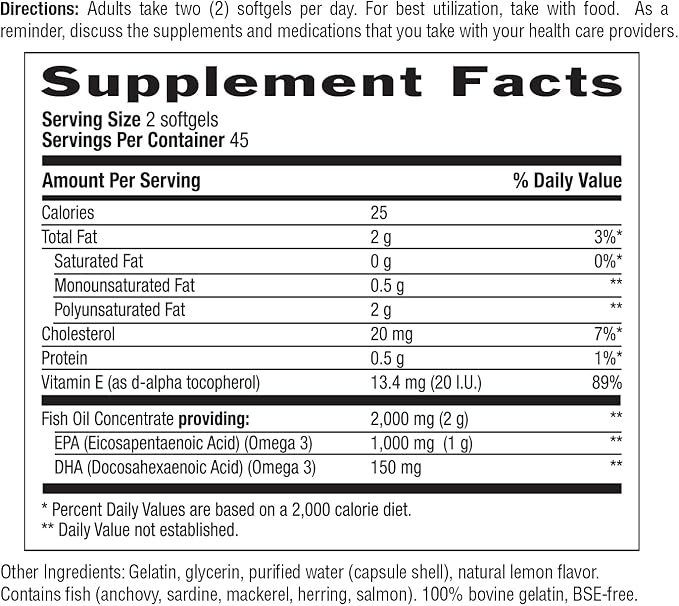 Country Life Omega 3 Mood – 2000mg Fish Oil with EPA &amp DHA – Brain Heart &amp Mood Support – Lemon Flavored No Fishy Aftertaste – Certified Gluten Free Non-GMO – 90 Softgels