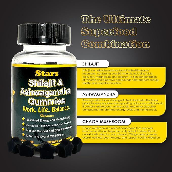Shilajit Ashwagandha Gummies - Immune Support Supplement with Pure Shilajit Resin - Organic Ashwagandha Gummy for Stress Energy &amp Wellness 60 Natural Star-Shaped Gummies
