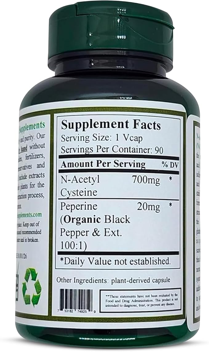 Green Organic Supplements' N-Acetyl Cysteine (NAC) 90 VCaps High Absorbable Non-GMO Gluten-Free | Balance Immune System and Supports Health (Pack of 1)