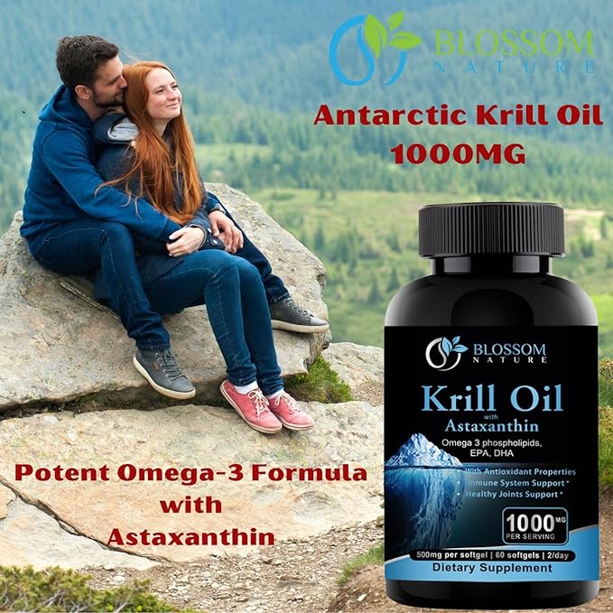 Antarctic Krill Oil 1000mg Softgels with Astaxanthin – Omega-3 EPA &amp DHA Supplement for Heart Brain and Joint Health in Form of Phospholipids– 60 Vanilla-Flavored Softgels