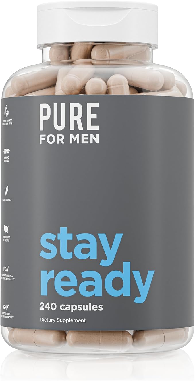 Pure for Men Original Cleanliness Stay Ready Fiber Supplement | Helps Promote Digestive Regularity | Psyllium Husk Aloe Vera Chia Seeds Flaxseeds | Proprietary Formula | 240 Vegan Capsules