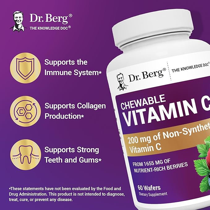 Dr. Berg Chewable Vitamin C Complex - Made with Organic Non-GMO Berries - 60 Delicious Wafers