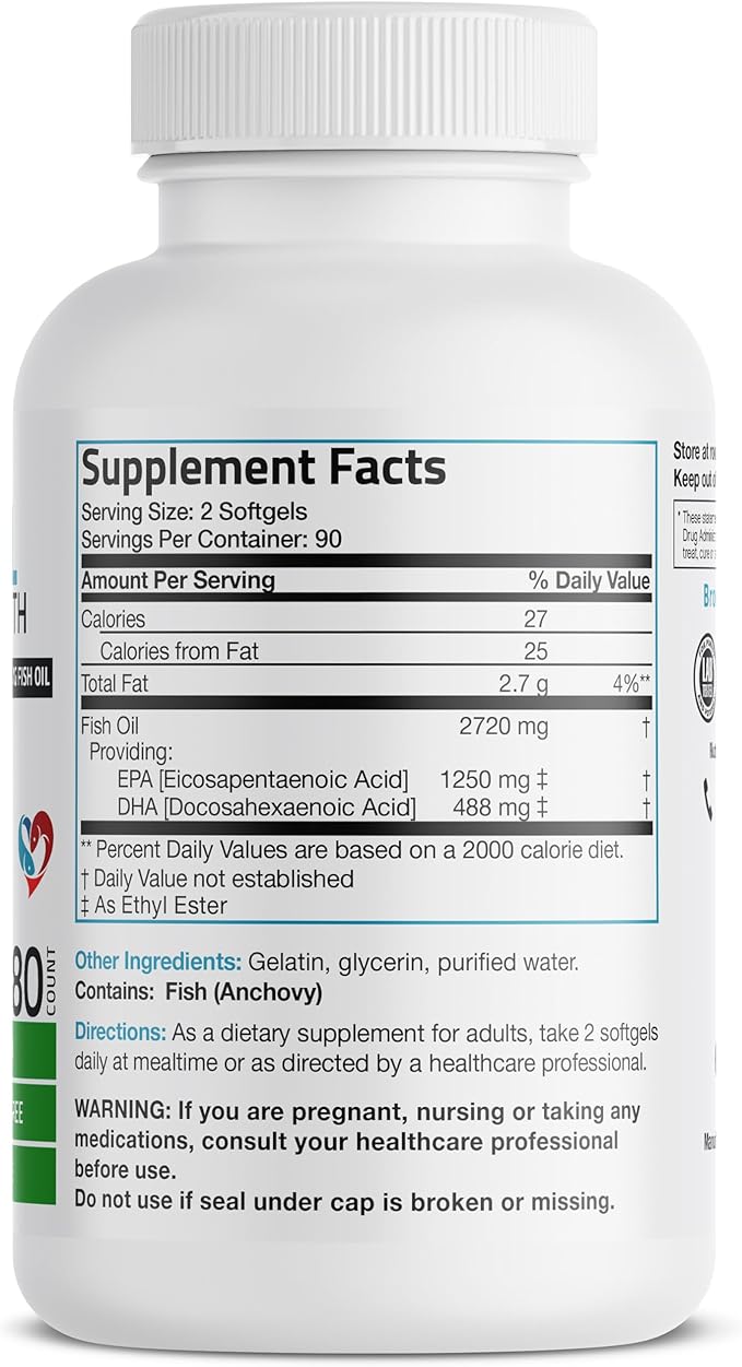 Bronson Omega 3 Fish Oil Triple Strength 2720 mg High EPA 1250 mg DHA 488 mg Non-GMO Heavy Metal Tested 180 Softgels