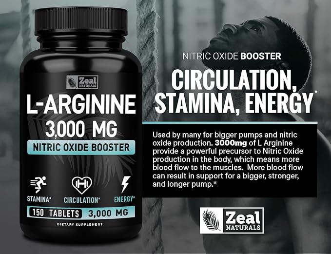 Zeal Naturals L-Arginine Supplement - 3000mg 150 Tablets | Nitric Oxide Booster | L Arginine Supplement for Men &amp Women | Support Energy Circulation Muscle Growth