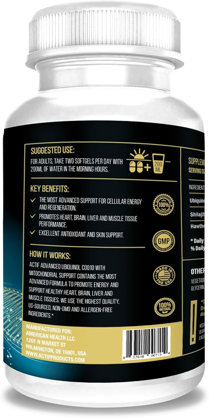 ACTIF Super Ubiquinol CoQ10 with Enhanced Mitochondrial Support Non-GMO Made in USA 200mg 120 Count