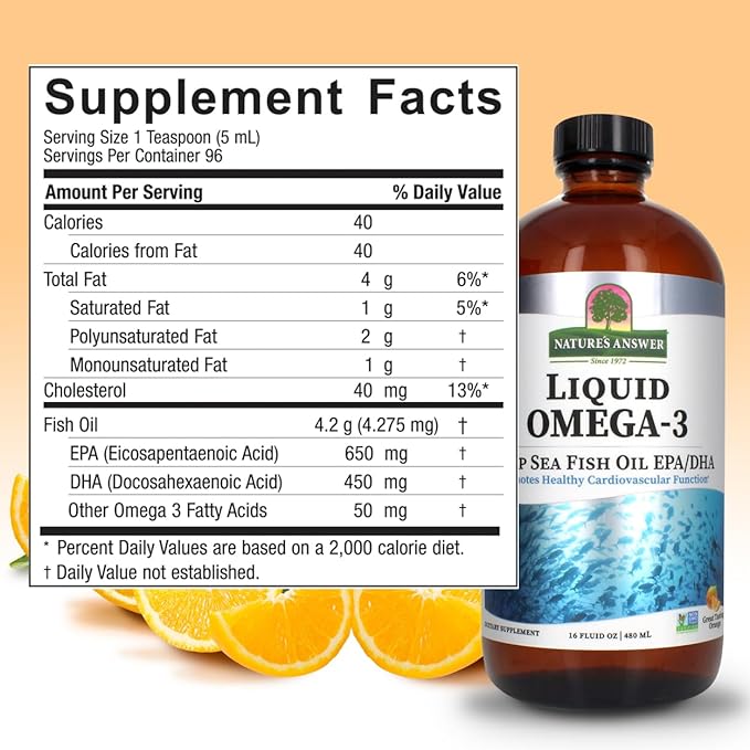 Nature's Answer Liquid Omega-3 | Deep Sea Fish Oil with EPA/DHA Dietary Supplement | Cardiovascular Support | No Preservatives &amp Gluten-Free 16oz
