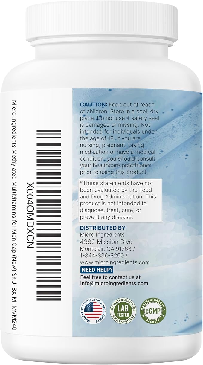 Micro Ingredients Pure Methylated Multivitamin for Men 240 Capsules | 30 Essential Nutrients with Activated B Complex &amp Methylfolate + Saw Palmetto Ginseng Maca Lycopene Vitamin D3 &amp Zinc