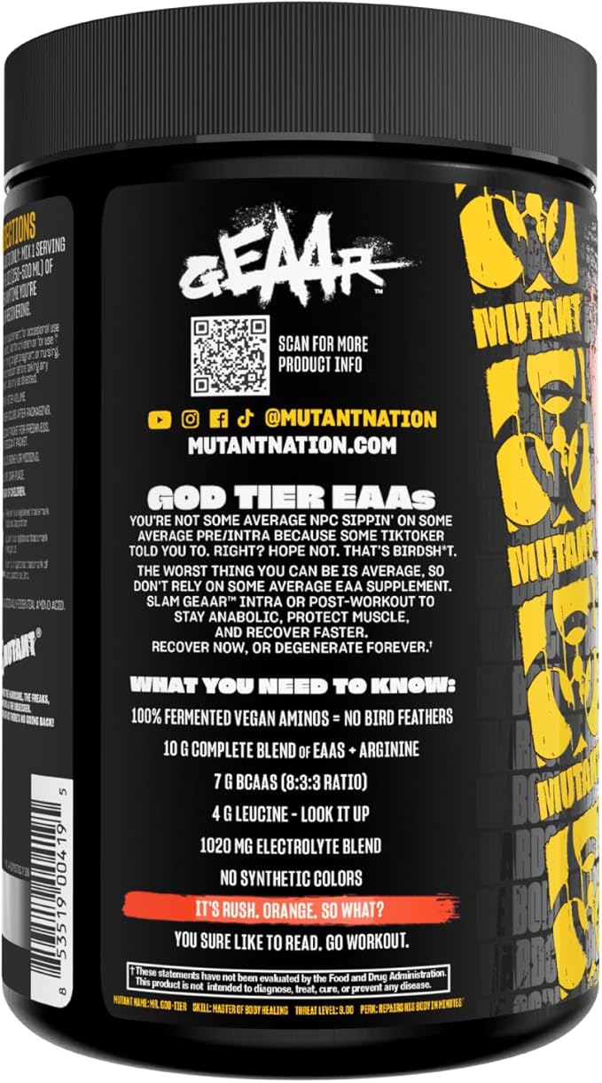 Mutant GEAAR - 9.4g of EAA Powder + Arginine 7g BCAAs 4g Leucine Electrolytes Coconut Water 30 Servings (Orange Rush)
