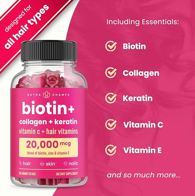 NutraChamps Biotin Gummies 5000mcg with Collagen Keratin &amp More – Hair Skin and Nails Vitamins for Women &amp Men – Support Normal Hair Growth Cycle - Enhanced with Vitamin C D3 Zinc (Pack of