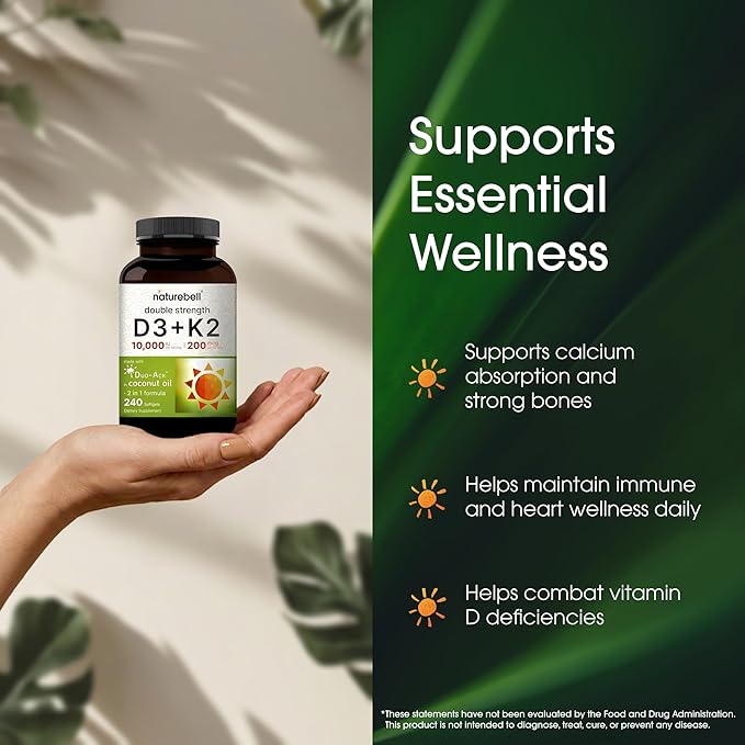 NatureBell Vitamin Double Strength D3 + K2-240 Softgels - 10000 IU Vitamin D &amp 200mcg K2 - Bone Strength Immune Function &amp Calcium Absorption Support* - Coconut Oil Infused