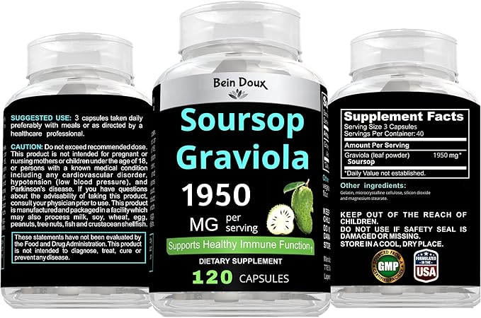 1950mg Soursop Graviola Capsules (Guanábana) Organic Leaves Powder Rich in Potent Anti-Oxidants - 120 Capsules 40 Servings