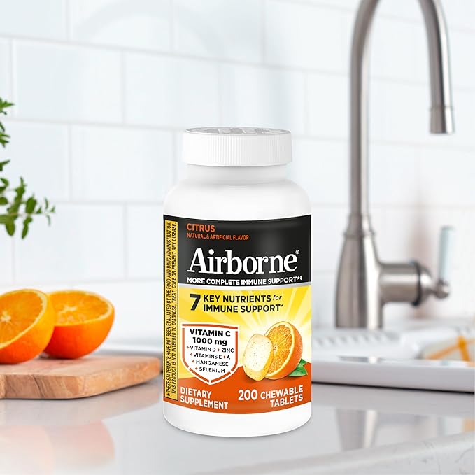 Airborne Citrus Chewable Tablets 200ct | Immune Support Supplement with 1000mg Vitamin C + Vitamins A D E ZincSelenium &amp Manganese | Herbal Blend | Gluten Free