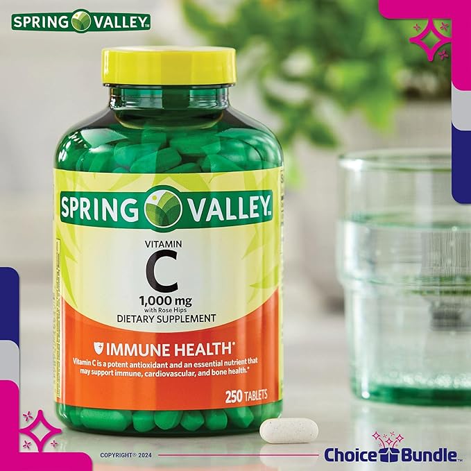 Choice Bundle Spring Valley Vitamin C 1000 mg Dietary Supplement Tablets with Rose Hips 250 Ct Plus Vitamin Guide &amp Portable Pill Container (3 Items)!