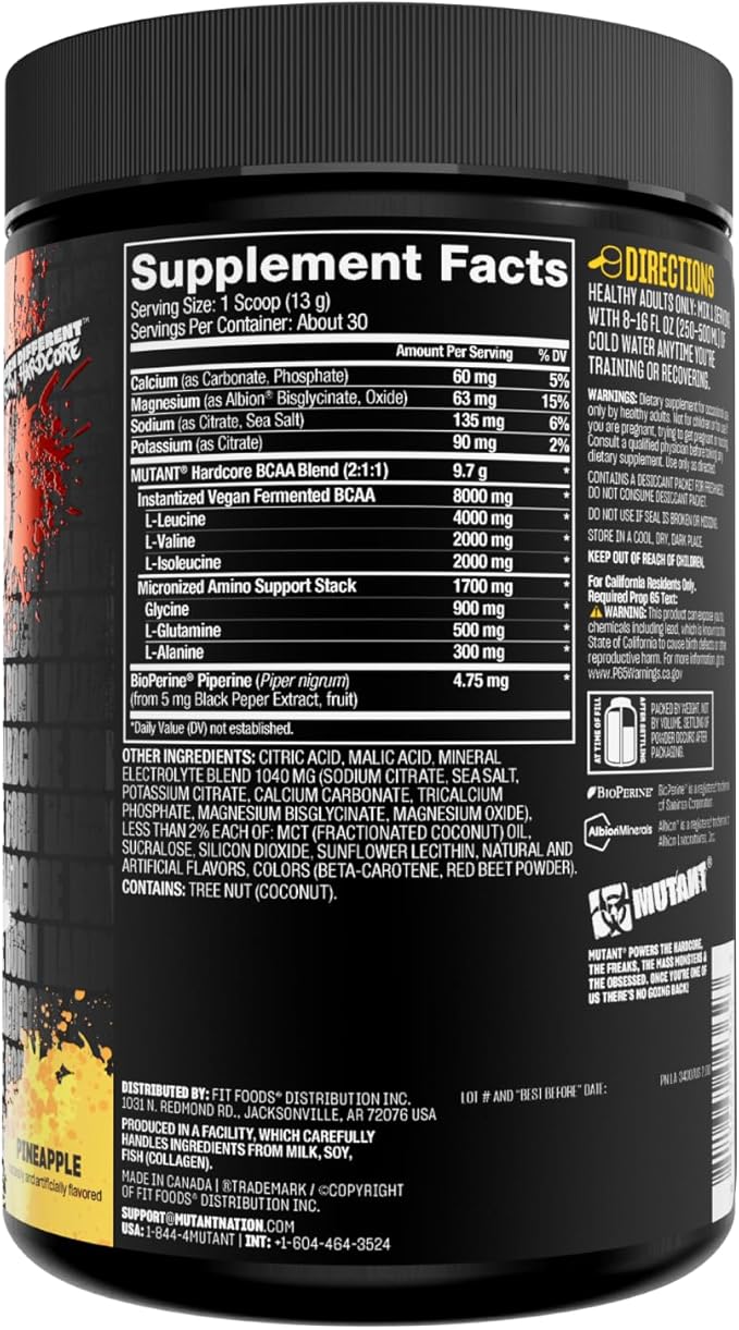 Mutant Hardcore BCAA - Pre Intra or Post Workout – BCAA Next Level branched-Chain Amino Acids Supplement – Hydration + Recovery - 30 Serving - Pineapple