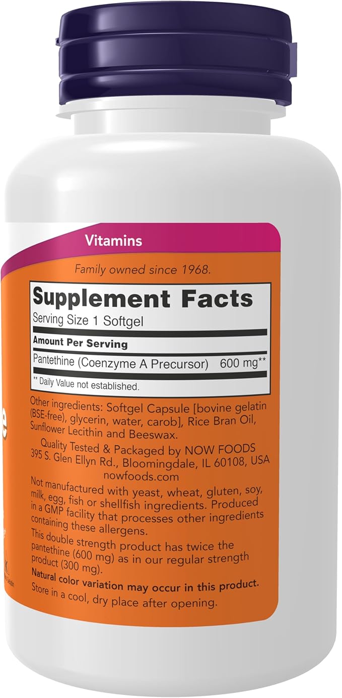 NOW Foods Supplements Pantethine (Coenzyme A Precursor) 600 mg Double Strength Cardiovascular Health* 60 Softgels