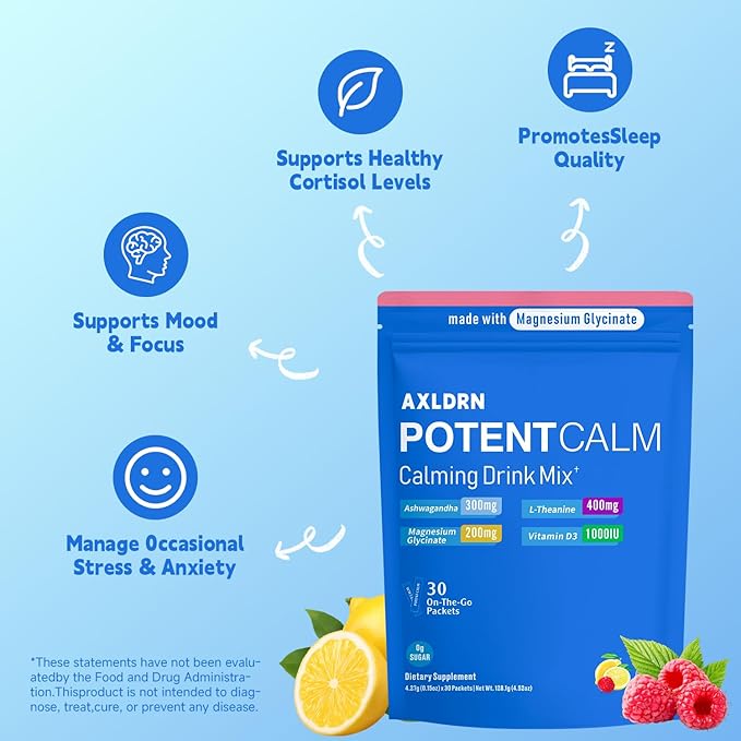 PotentCalm Super Cortisol Drink Magnesium Glycinate Powder L-theanine Ashwagandha Vitamin D No Sugar Raspberry Lemonade Electrolytes Powder - 30 Servings