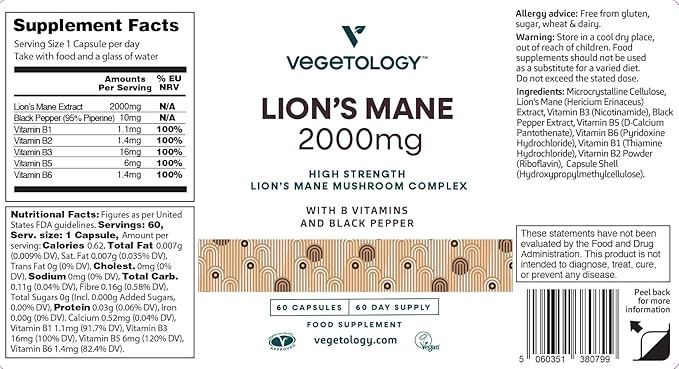Lions Mane Supplement 2000mg High Strength Mushroom Complex with B Vitamins and Black Pepper Supports Mental Clarity Energy &amp Nervous System 60 Vegan Capsules Age 11+
