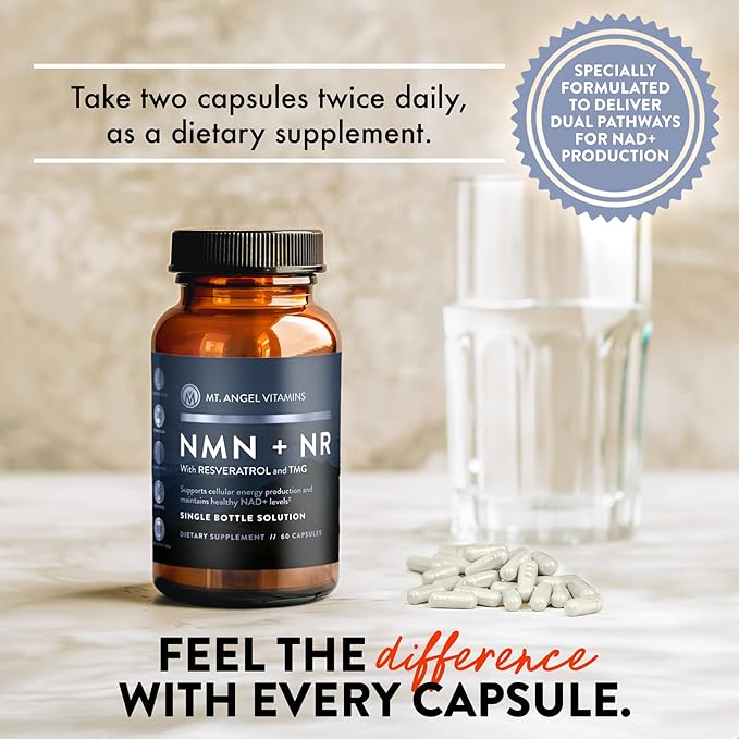 Mt. Angel Vitamins NMN Supplement + NR with Resveratrol &amp TMG Dual NAD+ Precursors for Cellular Energy &amp Healthy Aging 60 Capsules