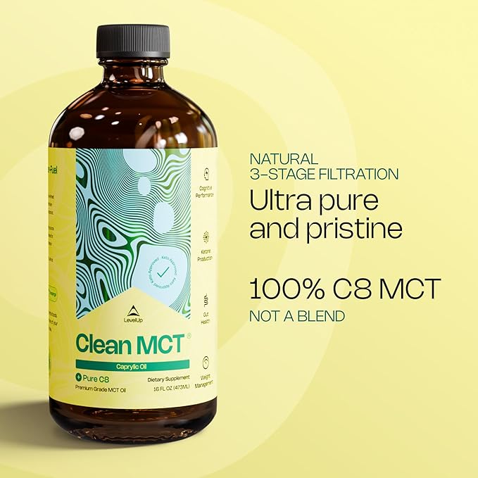 LevelUp C8 MCT Oil – 100% Pure Caprylic Acid (from Coconut) for Clean Energy &amp Focus – Keto-Friendly MCT Oil for Coffee – Non-GMO (Glass Bottle 16 oz)