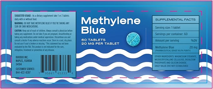 Methylene Blue USP Grade 20mg Tablets Independently Tested 60 Scored &amp Unflavored Tablets