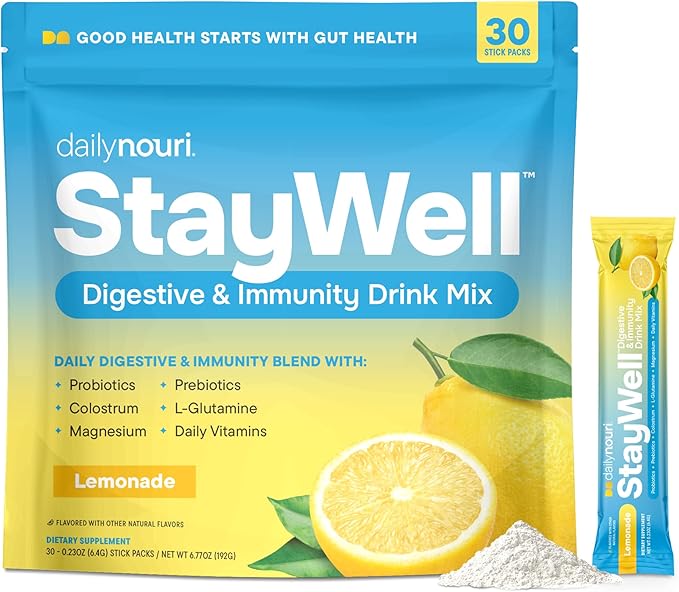 Daily Nouri StayWell Gut Health Drink Mix | Digestive &amp Immune Support Powder | Colostrum + L-Glutamine + Probiotics | Lemonade | 30 Stick Packs