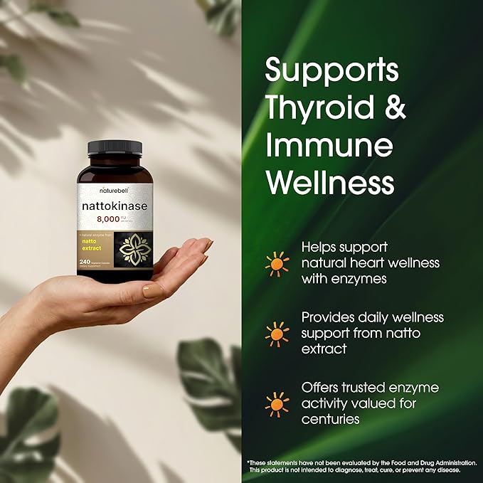 NatureBell Nattokinase - 240 Capsules - 8000 FU Max Strength from Fermented Natto Extract - for Heart Health Healthy Circulation &amp Daily Wellness Support*