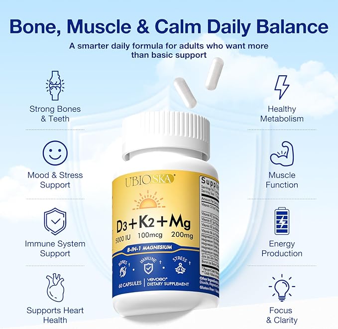 UBIOSKA Vitamin D3 K2 Magnesium Supplement – 5000 IU D3 + MK-7 K2 with 8-Form Magnesium (Glycinate Taurate Malate) for Calm Sleep Stress Relief Mood Balance &amp Strong Bones – 60 Capsules