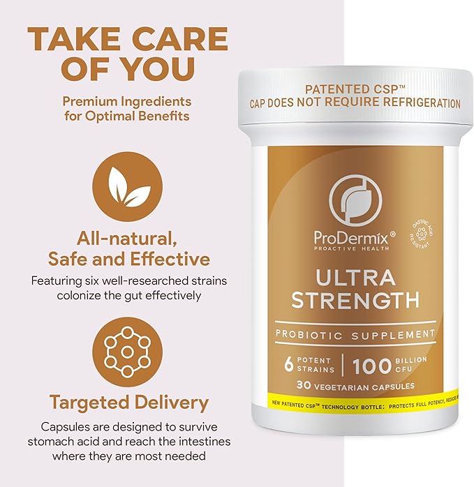 Ultra Strength Probiotic for Men and Women Supports Healthy Gut Immune Digestive and Colon Health 6 Potent Strains 100 Billion CFU Kosher 30 Day Supply