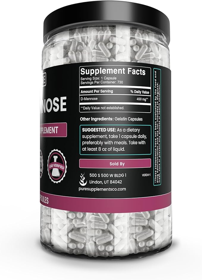 PURE ORIGINAL INGREDIENTS D-Mannose (730 Capsules) No Magnesium Or Rice Fillers Always Pure Lab Verified