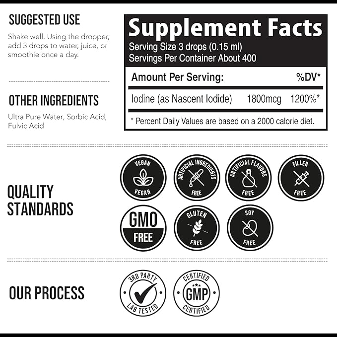 Nascent Iodine Supplement 400 Servings Glass Bottle Vegan 1800 mcg - 600 mcg per Drop - Pure Clear Color - Supports Thyroid Health Energy Immunity &amp Metabolism (2 oz.)
