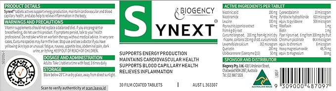 Synext Supplement 30 Tabs First Generation Supports Energy Made in Australia