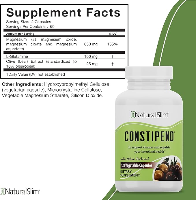 Naturalslim Magnesium Oxide - Constipend for Constipation Relief Colon Cleanser &amp Stool Softeners for Women &amp Men with Magnesium Citrate Aspartate &amp Olive Extract - 120 Vegetable Capsul