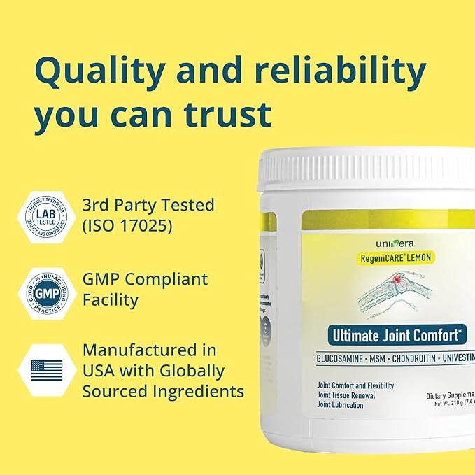 Univera RegeniCARE Canister Glucosamine Chondroitin MSM Univestin Supports Joint Comfort + Mobility + Flexibility 30-Day Supply (Lemon Flavor)
