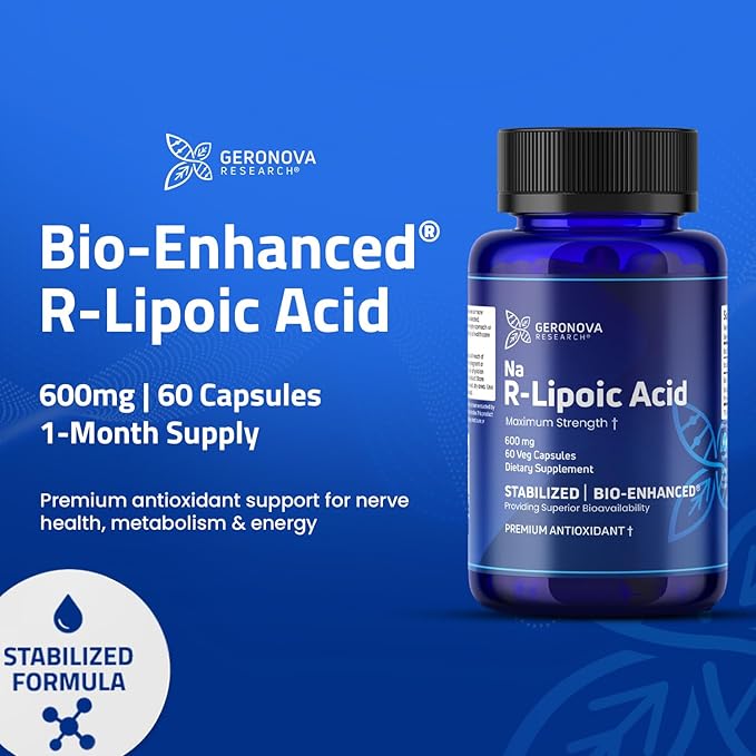 Geronova Research Bio-Enhanced R-Lipoic Acid 600 mg Capsules - 3 Month Supply - Stabilized R Alpha Lipoic Acid with Enhanced Absorption - R Lipoic Acid Supplement - 180 Count