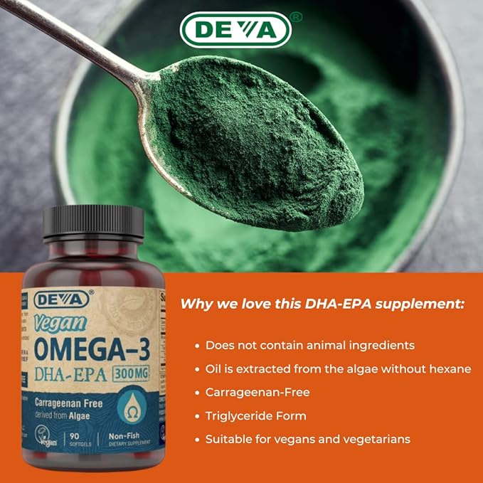 DEVA Vegan Omega-3 DHA-EPA 300MG – No Carrageenan Non-Fish Oil Derived from Algae Non-GMO 90 Gelatin-Free Softgels