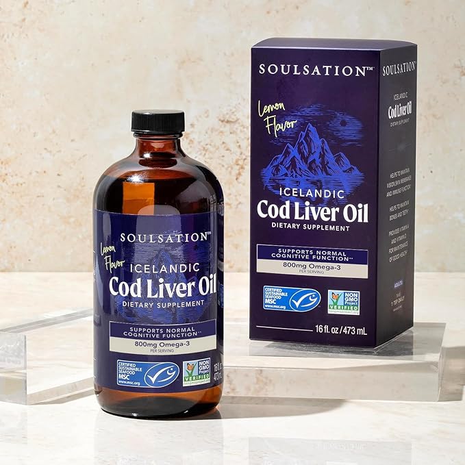 SOULSATION Icelandic Cod Liver Oil Liquid Lemon (16oz) - Vitamins A &amp D EPA &amp DHA - Helps Vision Skin Membranes &amp Immune Function - MSC Certified Non-GMO