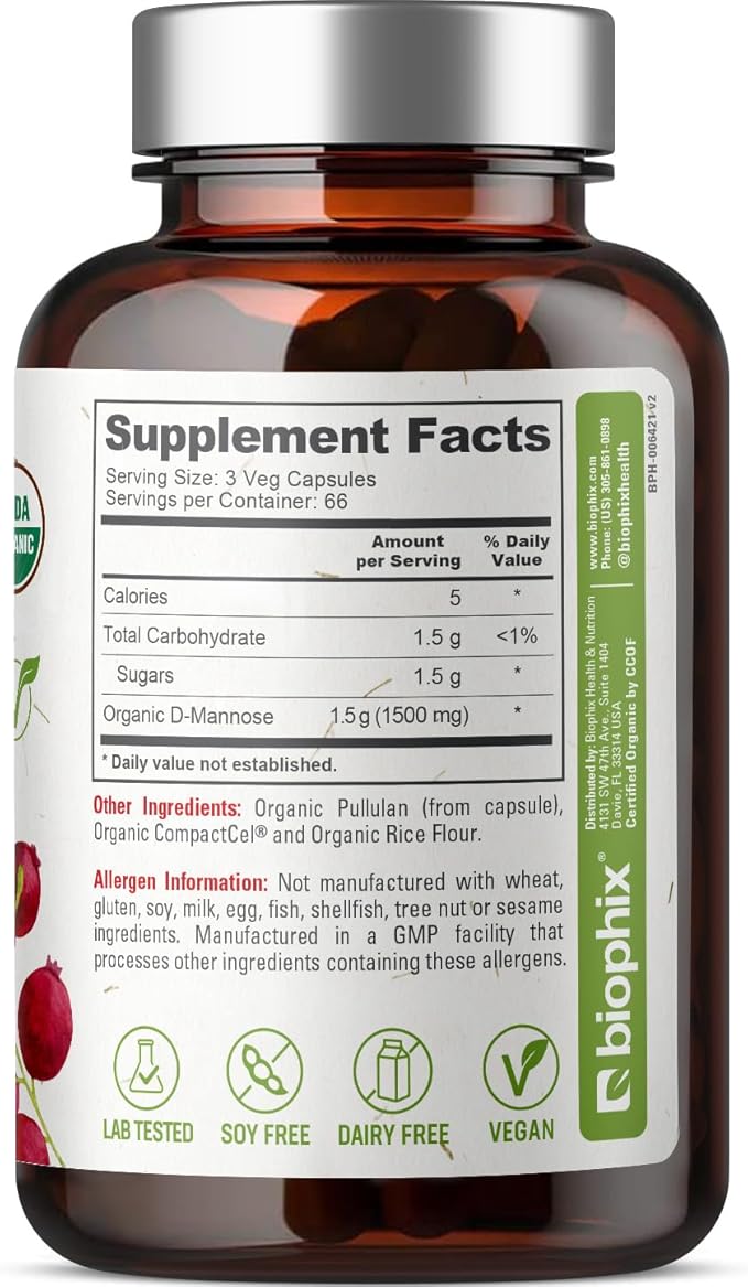 biophix D-Mannose USDA Organic 1500 mg 200 Veggie Caps - Supports a Healthy Bladder Urinary Tract Non-GMO Vegan-Friendly