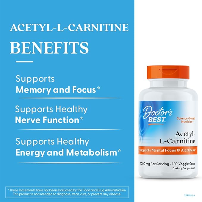 Doctors Best Acetyl-L-Carnitine 1000 mg Per Serving - Acetyl L Carnitine Supplement for Men &amp Women Supports Brain &amp Nerve Cell Function Mental Focus Helps Generate Cellular Energy - 120 Ve