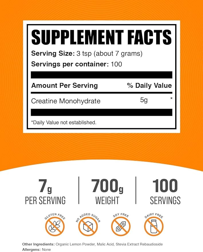 BulkSupplements.com Creatine Monohydrate Powder - Creatine Flavored Powder Supplement Micronized - Lemon Italian Ice Flavor 7g per Serving 700g (1.5 lbs) (Pack of 1)