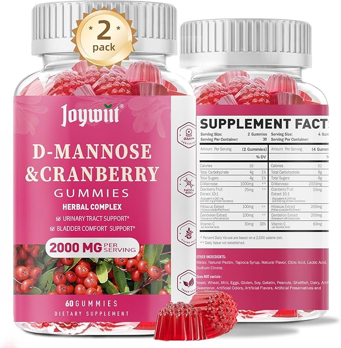 D-Mannose Gummies 2000mg with Cranberry 500mg &amp Hibiscus - D Mannose Chewable Supplements for Women - Liver Bladder Flush &amp Urinary Tract Cleanse Health Supplement - 120 Count