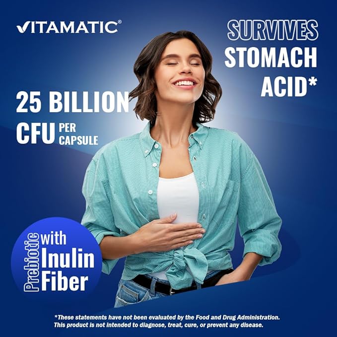 Vitamatic Acidophilus Bifidus 25 Billion DR Capsule - 60 Count - Digestive Support - Made with Prebiotic Inulin Fiber - 2 Pack (120 Count)