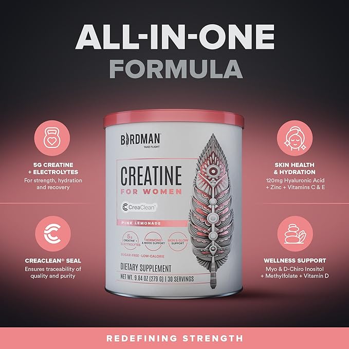 BIRDMAN Creatine for Women | Creatine Monohydrate Powder with Myo &amp D-Chiro Inositol Hyaluronic Acid Zinc Electrolytes and Vitamins | Sugar Free Pink Lemonade | 30 Servings