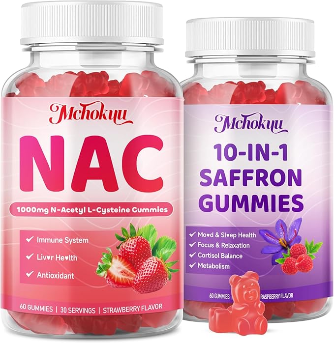 NAC Gummies and Saffron for Kids &amp Adults Strawberry &amp Raspberry Flavor 120 Counts Bundle