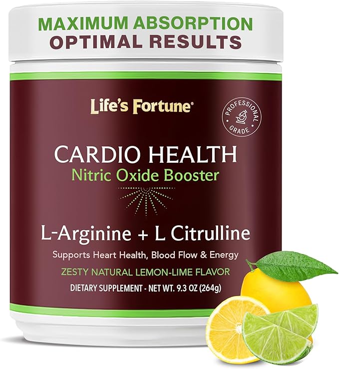 Life's Fortune L Arginine L Citrulline Supplement Powder - High Potency Nitric Oxide Supplement Booster with Natural Lemon Lime Flavor - Cardio Health Blood Pressure and Vascular Support - 258g
