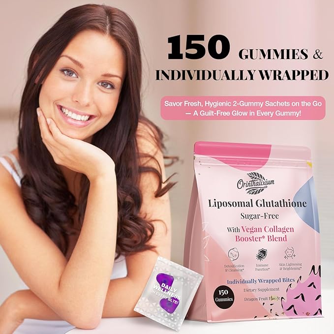 Orinthalixium Liposomal Glutathione Gummies 1000MG - Sugar Free Reduced L-Glutathione with Vitamin C &amp Vegan Collagen - Antioxidant &amp Skin Wellness - 150 Count
